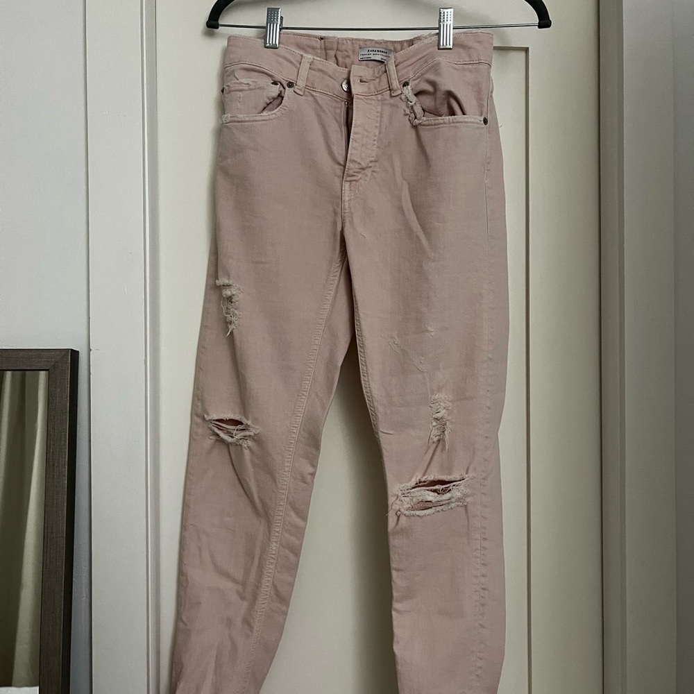 Zara Pink Straight Leg Distressed Jeans
